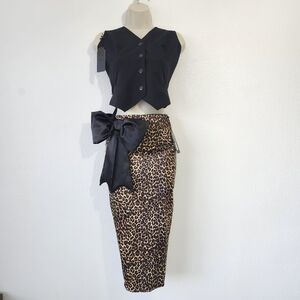 Leopard Print Pencil Skirt with Black Bow